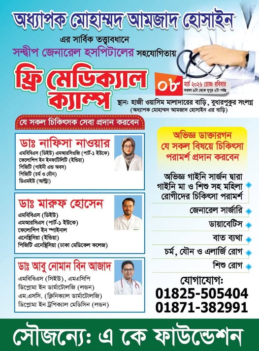  অধ্যাপক মোহাম্মদ আমজাদ হোসাইন এর তত্ত্বাবধানে ফ্রি মেডিক্যাল ক্যাম্প 